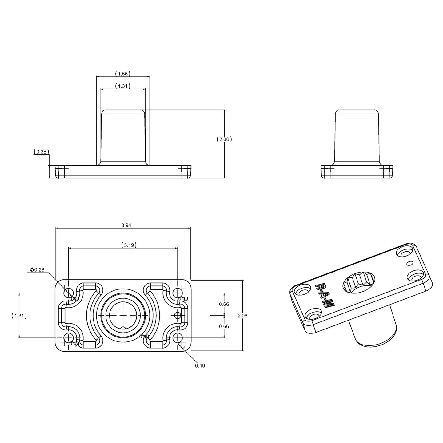 RAM ROD® Flush Spline Post Base (RAM-114FMU)